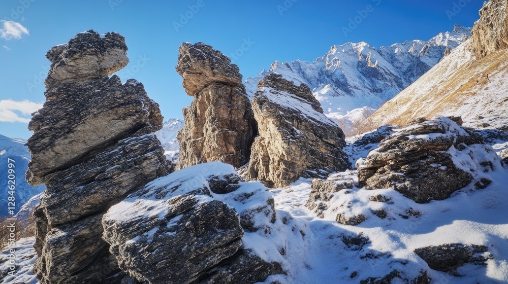 Stones amidst snow-covered mountains, alpine environment. Stones amidst snow-covered mountains, alpine environment.