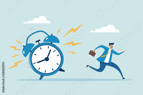 Late, hurry to go to work, rushing or running fast before deadline, speed or busy job, pressure or challenge to finish work in time, urgency concept, frustrated businessman hurry running to work lat
