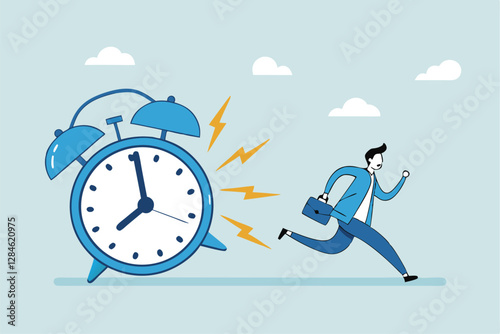 Late, hurry to go to work, rushing or running fast before deadline, speed or busy job, pressure or challenge to finish work in time, urgency concept, frustrated businessman hurry running to work late.