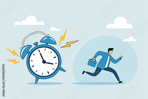 Late, hurry to go to work, rushing or running fast before deadline, speed or busy job, pressure or challenge to finish work in time, urgency concept, frustrated businessman hurry running to work late.
