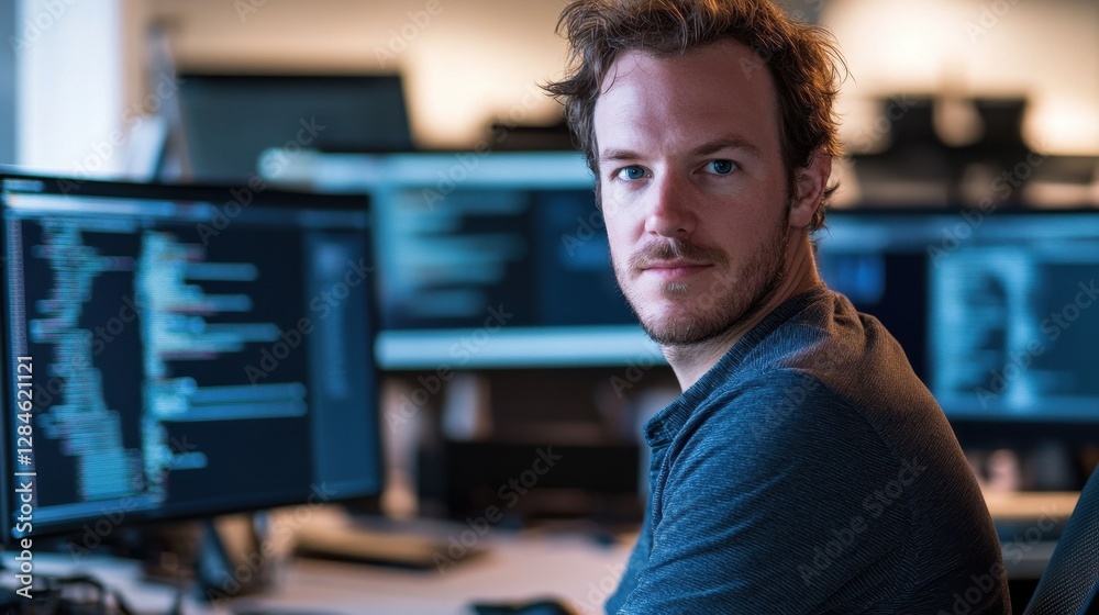 Fototapeta premium A dynamic portrait of a young European male coder working in a modern office, focused on programming tasks with multiple computer monitors displaying code.
