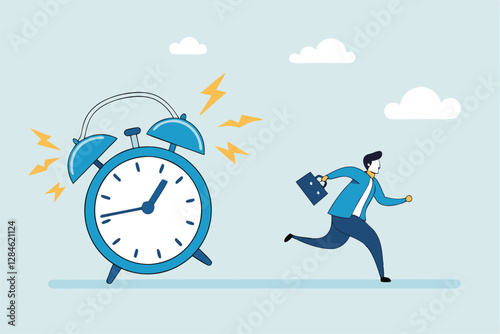 Late, hurry to go to work, rushing or running fast before deadline, speed or busy job, pressure or challenge to finish work in time, urgency concept, frustrated businessman hurry running to work late.
