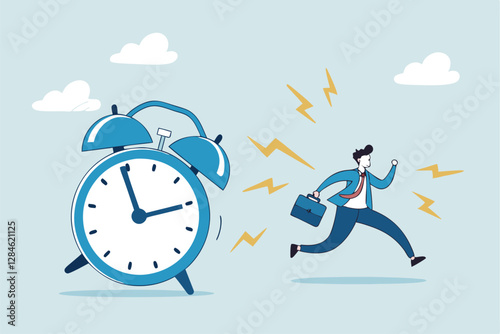 Late, hurry to go to work, rushing or running fast before deadline, speed or busy job, pressure or challenge to finish work in time, urgency concept, frustrated businessman hurry running to work late.