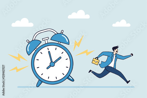 Late, hurry to go to work, rushing or running fast before deadline, speed or busy job, pressure or challenge to finish work in time, urgency concept, frustrated businessman hurry running to work late.