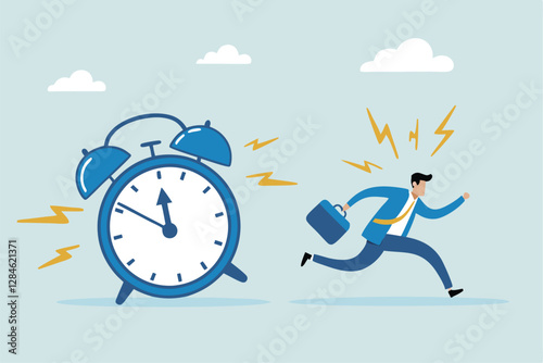 Late, hurry to go to work, rushing or running fast before deadline, speed or busy job, pressure or challenge to finish work in time, urgency concept, frustrated businessman hurry running to work lat