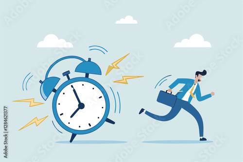 Late, hurry to go to work, rushing or running fast before deadline, speed or busy job, pressure or challenge to finish work in time, urgency concept, frustrated businessman hurry running to work lat