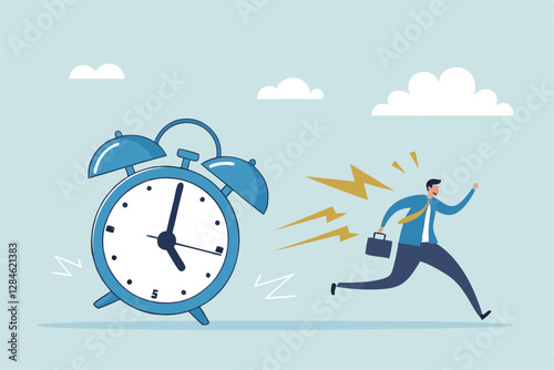 Late, hurry to go to work, rushing or running fast before deadline, speed or busy job, pressure or challenge to finish work in time, urgency concept, frustrated businessman hurry running to work late.