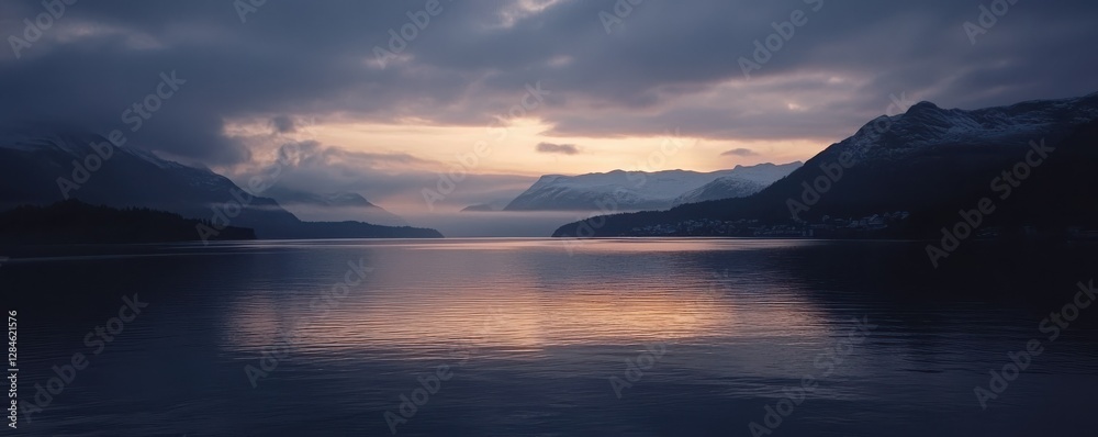 Fototapeta premium Peaceful twilight over serene lake with majestic mountains and mystical clouds