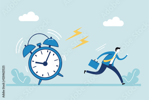 Late, hurry to go to work, rushing or running fast before deadline, speed or busy job, pressure or challenge to finish work in time, urgency concept, frustrated businessman hurry running to work late.