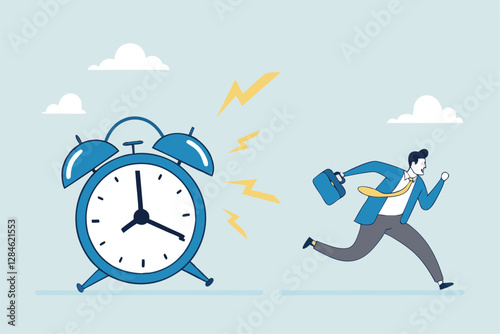 Late, hurry to go to work, rushing or running fast before deadline, speed or busy job, pressure or challenge to finish work in time, urgency concept, frustrated businessman hurry running to work lat