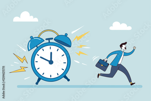 Late, hurry to go to work, rushing or running fast before deadline, speed or busy job, pressure or challenge to finish work in time, urgency concept, frustrated businessman hurry running to work late.