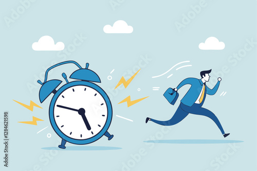 Late, hurry to go to work, rushing or running fast before deadline, speed or busy job, pressure or challenge to finish work in time, urgency concept, frustrated businessman hurry running to work late.