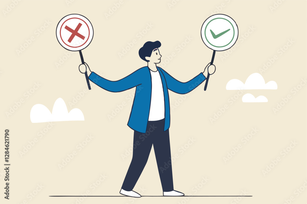 Business decision right or wrong, true or false, correct and incorrect, moral choosing option concept, thoughtful businessman holding right or wrong of left and right hand while making decision. Business decision right or wrong, true or false, correct and incorrect, moral choosing option concept, thoughtful businessman holding right or wrong of left and right hand while making decision.