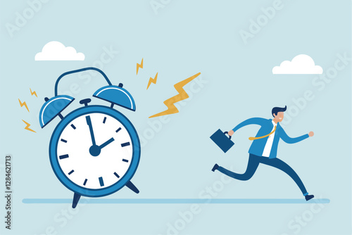 Late, hurry to go to work, rushing or running fast before deadline, speed or busy job, pressure or challenge to finish work in time, urgency concept, frustrated businessman hurry running to work lat