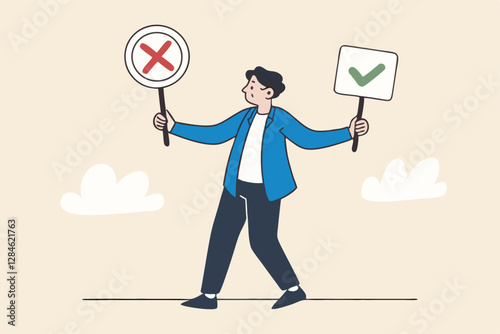 Business decision right or wrong, true or false, correct and incorrect, moral choosing option concept, thoughtful businessman holding right or wrong of left and right hand while making decision.