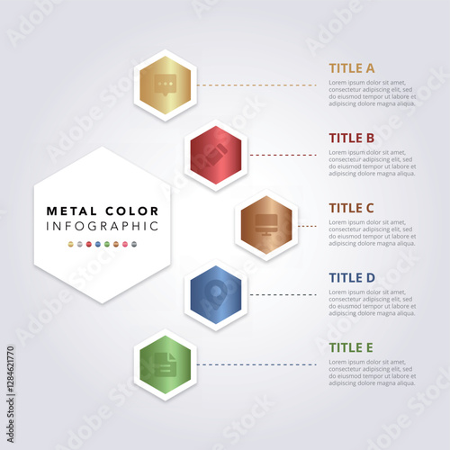 Metallic gradient colorful infographic vector metal color UI template, elegant business work presentation process diagram flow chart graph, gold silver bronze steel workflow step layout banner