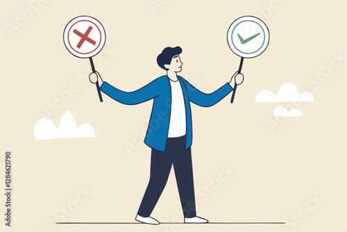 Business decision right or wrong, true or false, correct and incorrect, moral choosing option concept, thoughtful businessman holding right or wrong of left and right hand while making decision.