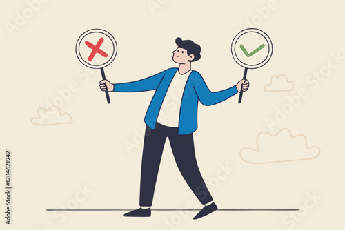 Business decision right or wrong, true or false, correct and incorrect, moral choosing option concept, thoughtful businessman holding right or wrong of left and right hand while making decision.