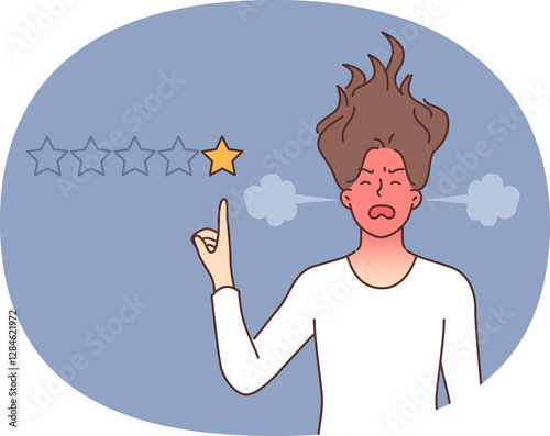 Woman hater puts one star to ruin rating of company that is to blame for negative user experience. Angry girl with red head leaves bad review and worsens rating due to poor quality services.