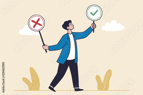 Business decision right or wrong, true or false, correct and incorrect, moral choosing option concept, thoughtful businessman holding right or wrong of left and right hand while making decision.