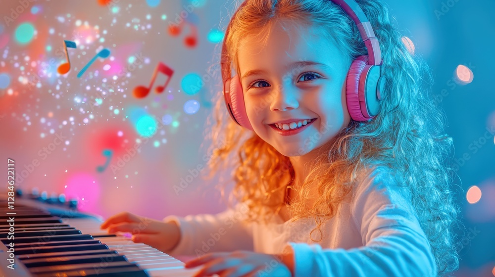 Fototapeta premium Joyful music school ad: young girl enthusiastically plays the keyboard!