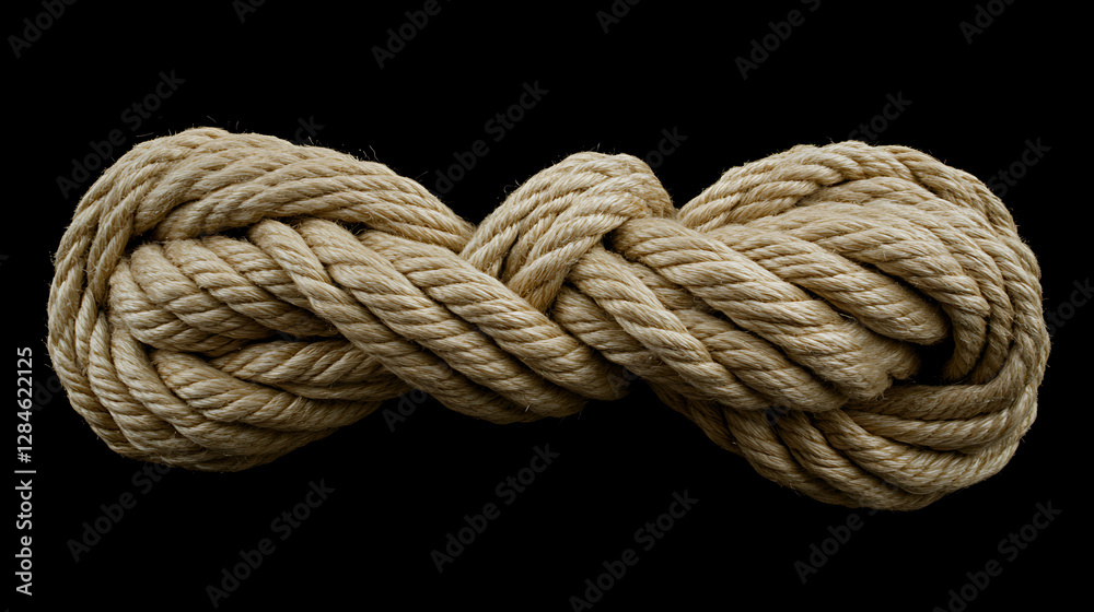 Close-up of a decorative knot tied in a thick rope showcasing intricate texture nautical design and craftsmanship details.