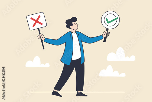 Business decision right or wrong, true or false, correct and incorrect, moral choosing option concept, thoughtful businessman holding right or wrong of left and right hand while making decision.