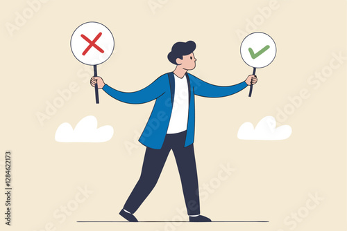 Business decision right or wrong, true or false, correct and incorrect, moral choosing option concept, thoughtful businessman holding right or wrong of left and right hand while making decision.