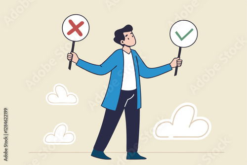 Business decision right or wrong, true or false, correct and incorrect, moral choosing option concept, thoughtful businessman holding right or wrong of left and right hand while making decision.