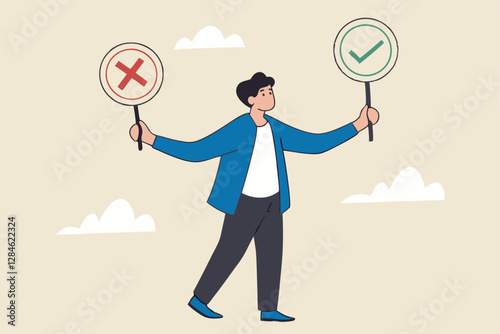 Business decision right or wrong, true or false, correct and incorrect, moral choosing option concept, thoughtful businessman holding right or wrong of left and right hand while making decision.