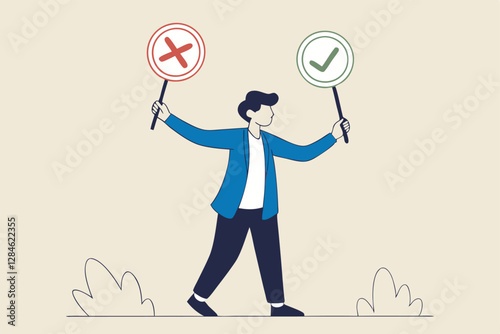Business decision right or wrong, true or false, correct and incorrect, moral choosing option concept, thoughtful businessman holding right or wrong of left and right hand while making decision.