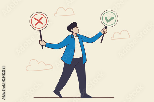 Business decision right or wrong, true or false, correct and incorrect, moral choosing option concept, thoughtful businessman holding right or wrong of left and right hand while making decision.