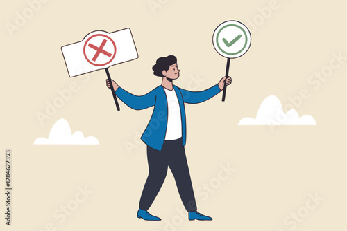 Business decision right or wrong, true or false, correct and incorrect, moral choosing option concept, thoughtful businessman holding right or wrong of left and right hand while making decision.