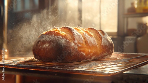 Freshly Baked Bread Cooling on Rack, Sunlight photo