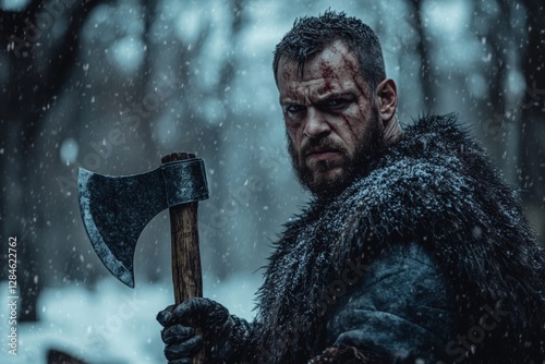 Fierce warrior in winter forest holding battle axe with intense expression and snow falling around