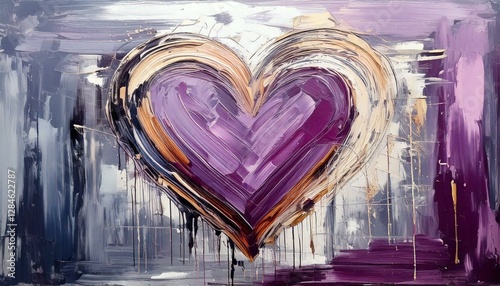 Grunge heart oil painting colorful isolated modern art purple tones
