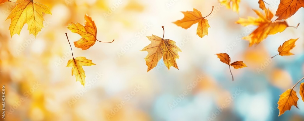 Abstract motion blur of golden leaves swinging in a windy autumn scene