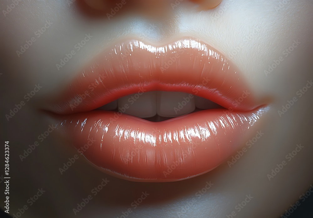 Obraz premium Close-Up of Glossy Peach-Tinted Lips with Hint of White Teeth
