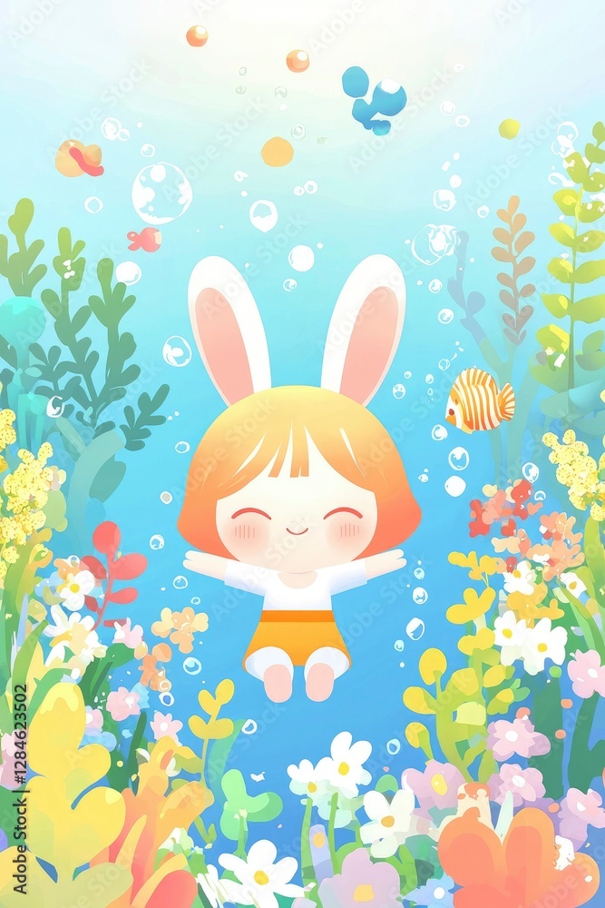 Fototapeta premium Happy Little Girl with Bunny Ears Floating Underwater in a Magical Garden