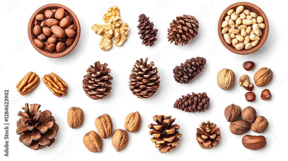 Collection of various nuts and pine cones arranged on a white background showcasing natural textures and colors Collection of various nuts and pine cones arranged on a white background showcasing natural textures and colors