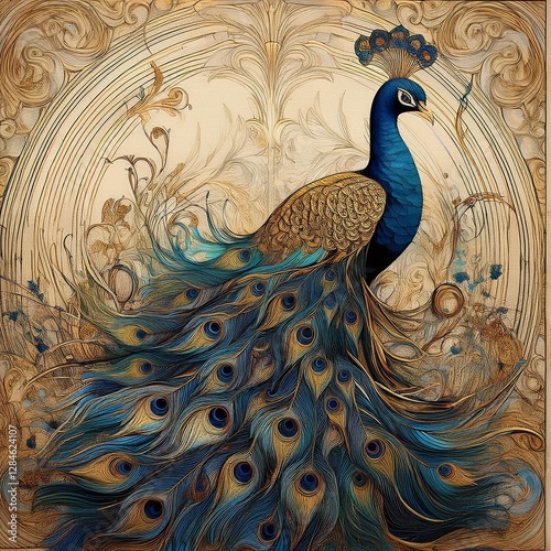 Paper layered illustration of a peacock with Art nouveau background