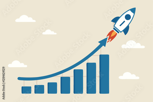 Exponential growth or compound interest, investment, wealth or earning rising up graph, business sales or profit increase concept, financial report graph with exponential arrow from flying rocket.