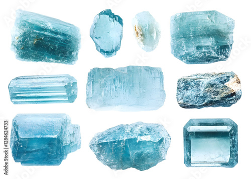 various samples of raw aquamarine mineral isolated photo