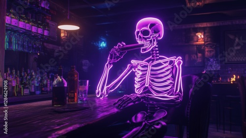 Glowing neon skeleton enjoys whiskey and cigar at a cozy bar