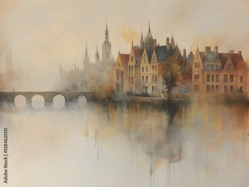 Misty Reflections: A serene waterscape presents a picturesque town with old architecture, bridges, and reflections in the water, shrouded in a gentle mist. Misty Reflections: A serene waterscape presents a picturesque town with old architecture, bridges, and reflections in the water, shrouded in a gentle mist.