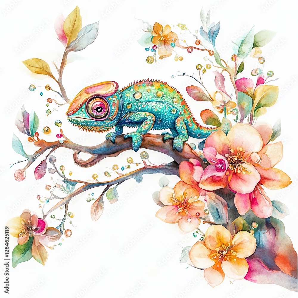 Watercolor depiction of a chameleon amidst leaves, featuring and manual color enhancement Watercolor depiction of a chameleon amidst leaves, featuring and manual color enhancement
