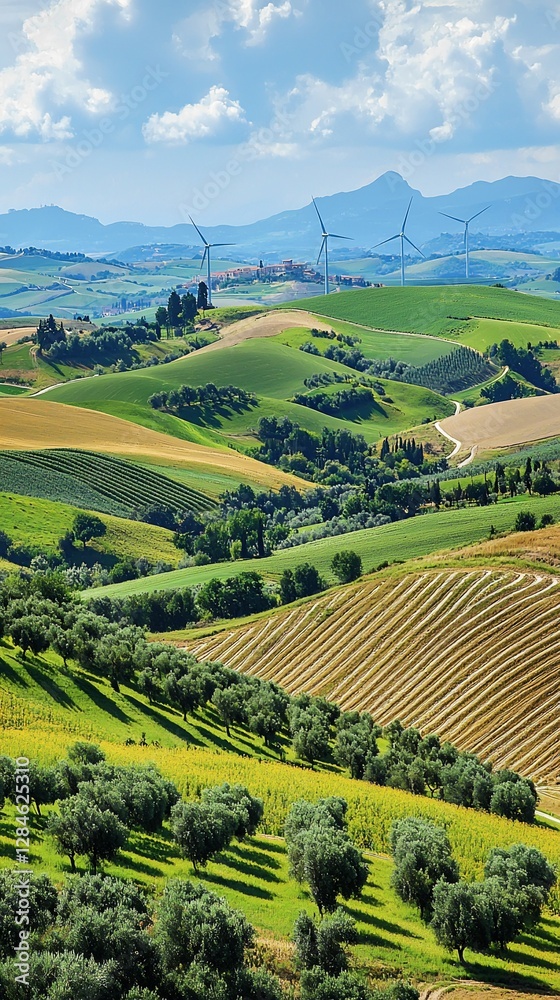 Fototapeta premium Rolling hills, vineyards, olive groves, and wind turbines under a partly cloudy sky.