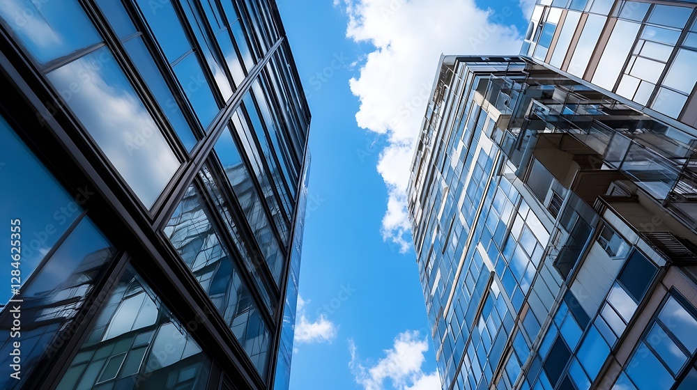 Modern highrise buildings reflecting blue sky and clouds showcasing urban architecture : Generative AI Modern highrise buildings reflecting blue sky and clouds showcasing urban architecture : Generative AI