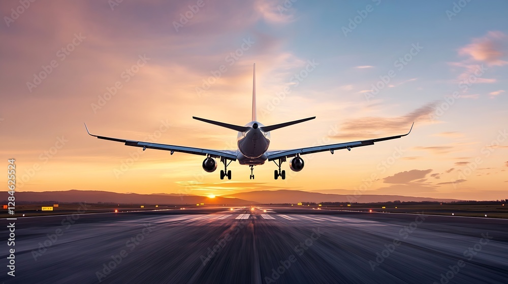 Commercial airplane taking off at sunset creating an impressive aviation scene : Generative AI Commercial airplane taking off at sunset creating an impressive aviation scene : Generative AI