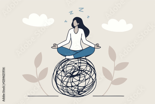 Stress management, meditation or relaxation to reduce anxiety, control emotion during problem solving or frustration work concept, woman in lotus meditation on chaos mess line with positive energy.